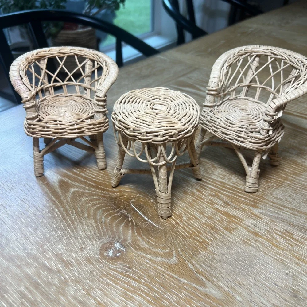 Vintage Set Wicker Rattan Patio Dollhouse Furniture: 2 Chairs & Table